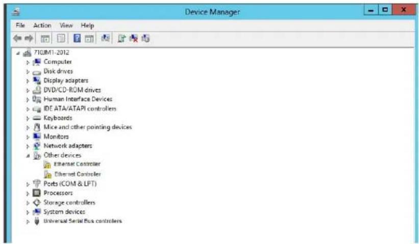 Device Manager File Action View Help 710JMI-2012 Computer Disk drives Display adapters DVD/CD-ROM drives Human Interface Devices IDE ATA/ATAPI controllers Keyboards Mice and other pointing devices Monitors Network adapters Other devices Ethernet Controller Ethernet Controller Ports (COM & LPT) Processors Storage controllers System devices Universal Serial Bus controllers