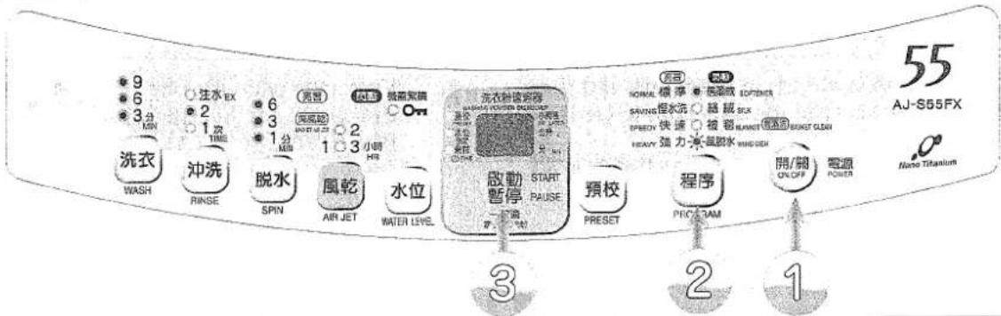 9 6 3分 MIN 洗 衣 WASH 冲洗 RINSE 脱水 SPIN 风 乾 AIR JET 水 位 WATER LEVEL 6 3 1分 MIN 亮 雨 黑 周 2 103小时 HS 洗衣 冲洗 脱水 风 乾 水 位 启 動 暫 停 START PAUSE 預 校 PREF SET 程序 PROGRAM 開/關 ON/OFF 電源 POWER 55 AJ-S55FX Nano Titanium