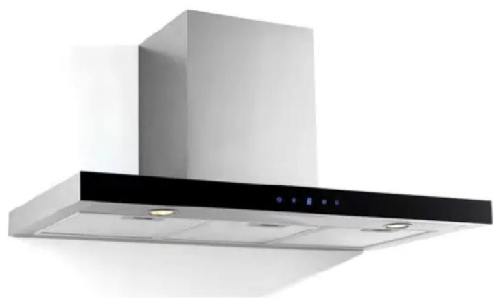 Modern stainless steel kitchen range hood with black ventilation grille and control panel (no text or symbols visible)