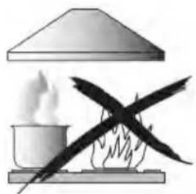 Illustration of a steaming hot air generator with a cross-shaped iron crossed over it, next to a conical lamp (no text or symbols)
