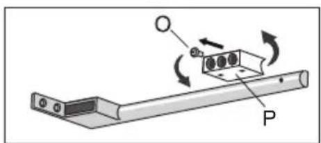 Diagram showing a mechanical or electrical component with labeled parts O and P, and directional arrows indicating rotation or movement.