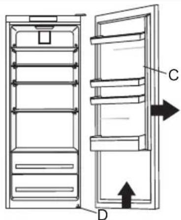 Technical diagram of a refrigerator with labeled parts C and D, showing internal compartments and directional arrows.