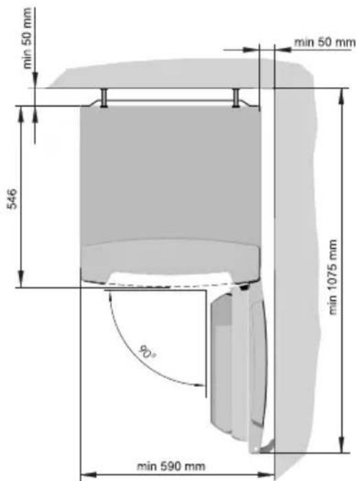 min 50 mm 546 min 50 mm min 1075 mm 90° min 590 mm