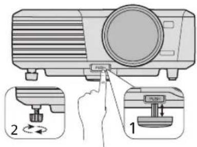Diagram showing a projector with labeled parts and directional arrows indicating motion or adjustment.