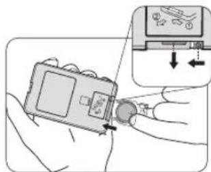 Diagram showing a hand holding a device with an inset close-up of its internal components, likely illustrating a device's internal structure or status.