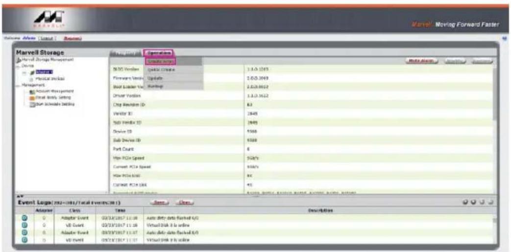 Marvell Storage Marvell Storage Management Device Physical Event Management Acquisition Management Static Ready Setting Program Schedule Setting Operations Create sites N2D Volumes Quick Drive Firewalls Volumes Update Build Loader Vs. Workload Worker Volumes Chip Revisions ID 83 Vendor ID 1940 Sub Volumes ID 1940 Device ID 5500 Sub Device ID 5500 Port Count 6 High PCIe Speed 50Hz/s Current PCIe Speed 50Hz/s High PCIe Max 9C Current PCIe Max 45 Event logo (202-301/Total Events:301) Adder Adder Event 02/31/2017 11:38 02/31/2017 11:38 02/31/2017 11:37 02/31/2017 11:37 02/31/2017 11:37 Adder Event Auto dirty data backed iOS Virtual Disk 8 is online Auto dirty data backed iOS Virtual Disk 8 is online
