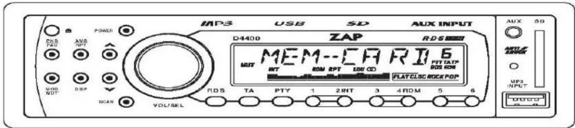 MP3 USB SD AUX INPUT D-4400 ZAP R-D-S MEM--CFRII6 INT ROM EPT 100 CE PITTATP ROS ROM FLAT CLSC ROCK POP TDS TA PTY 1 2 INT 3 4 ROM 5 6 VOL/SEL OSC POWER END PAD AVS NFT MOD MOT DBP UO UO AMP INPUT 0.0