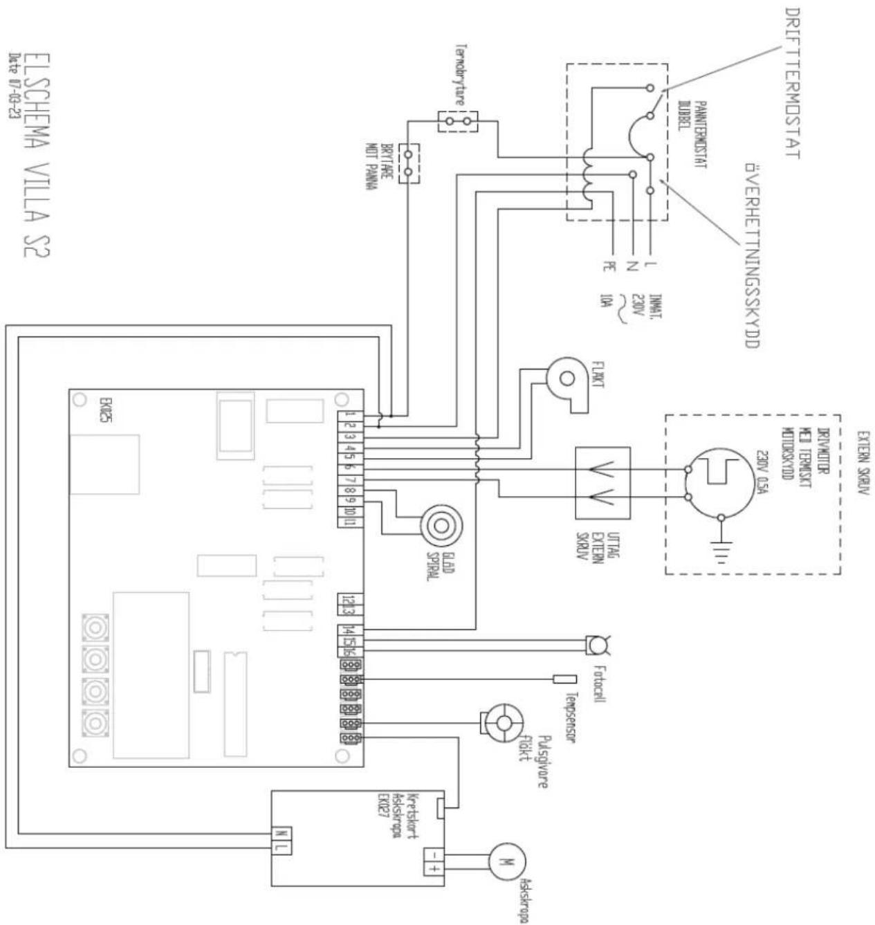 ELSCHEMA VILLA 2 0478-07-09-23 ESCHEMA X025 M L + - Forkshropo Forkstort Risikrapa X027 Pulsigure Flickt Potocell Temperature Pulsigure Flickt M BFLD Signal 1 2 3 4 5 6 7 8 9 10 11 UTAG EXTEM SKAV FLAT INTA6 OUTAG EXTEM SKAV 10A Flow Pressure Temperature OUTAG Flow Pressure OUTAG 230V 05A DVREFETINIGSSKYDD DRIFTERMOSTAT DRIFTERMOSTAT IDEBRL 230V 05A EXTEM SKAV DRIVOTOP MID TERMSKT MID TERRSXT 230V 05A