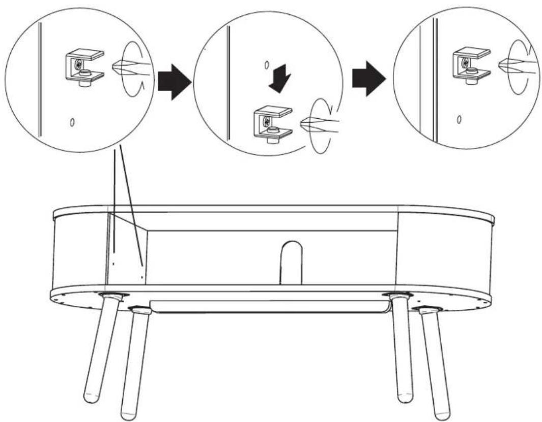 Technical diagram illustrating the process of a device with rotating components and assembly steps, including magnified views and component details.