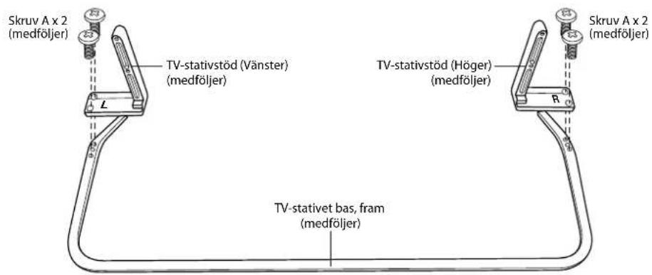 Skruv A x 2 (medföljer) TV-stativstöd (Vänster) (medföljer) TV-stativstöd (Höger) (medföljer) Skruv A x 2 (medföljer) TV-stativet bas, fram (medföljer)