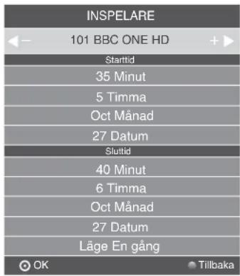 INSPELARE 101 BBC ONE HD Starttid 35 Minut 5 Timma Oct Månad 27 Datum Sluttid 40 Minut 6 Timma Oct Månad 27 Datum Läge En gång OK Tillbaka