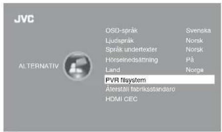 JVC OSD-språk Svenska Ljudspråk Norsk Språk undertexter Norsk Hörseinedsättning På Land Norge ALTERNATIV PVR filsystem Aterstälä fabriksstandard HDMI CEC