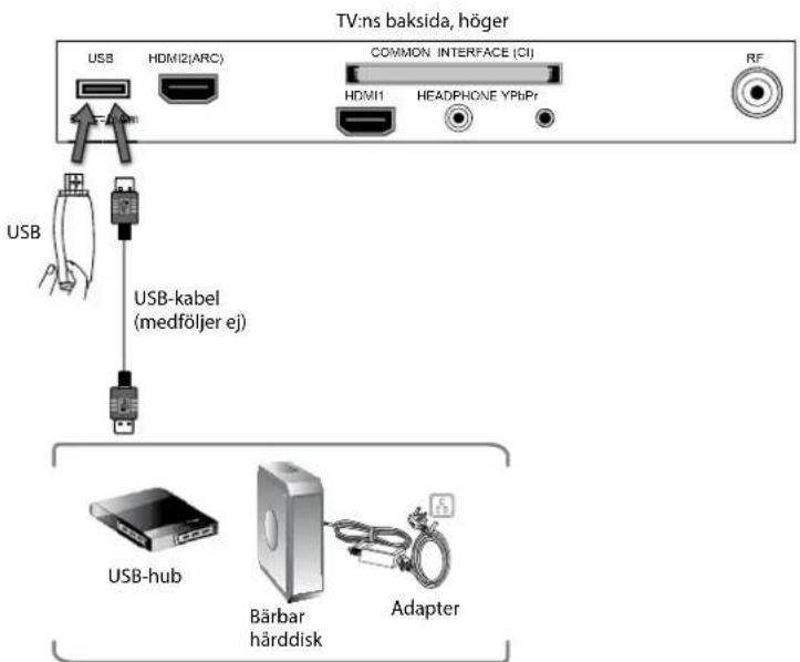 TV:ns baksida, höger USB HDMI2(ARC) COMMON INTERFACE (CI) HDMI1 HEADPHONE YPbPr RF USB USB-kabel (medföljer ej) USB-hub Bärbar härddisk Adapter
