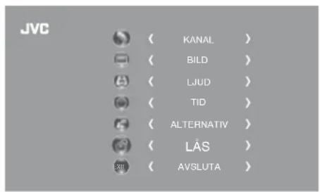 JVC 〈 KANAL > 〈 BILD > 〈 LJUD > 〈 TID > 〈 ALTERNATIV > 〈 LÁS > 〈 AVSLUTA >