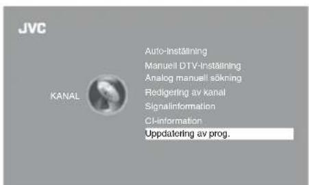 JVC KANAL Auto-inställning Manuell DTV-inställning Analog manuell sökning Redigering av kanal Signalinformation C1information Uppdaterling av prog.