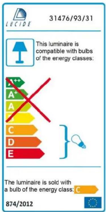 LUCIDE 31476/93/31 This luminaire is compatible with bulbs of the energy classes: A++ A+ A C D E } The luminaire is sold with a bulb of the energy class: C 874/2012