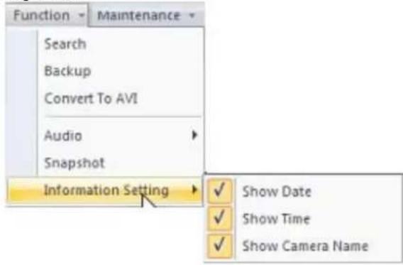 Function Search Backup Convert To AVI Audio Snapshot Information Setting ✓ Show Date ✓ Show Time ✓ Show Camera Name
