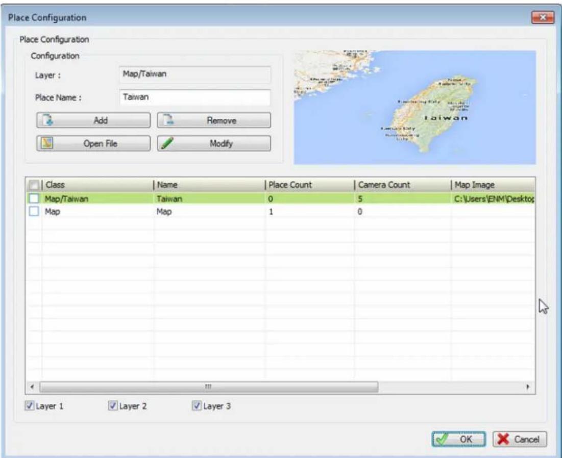Place Configuration Place Configuration Configuration Layer : Map/Taiwan Place Name : Taiwan Add Remove Open File Modify Class Name Place Count Camera Count Map Image Map/Taiwan Taiwan 0 5 C:\Users\ENM\Desktop Map Map 1 0 Layer 1 Layer 2 Layer 3 OK Cancel