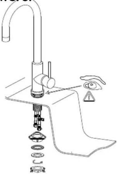 Technical diagram of a kitchen sink with labeled parts including faucet, sink, and hand valve