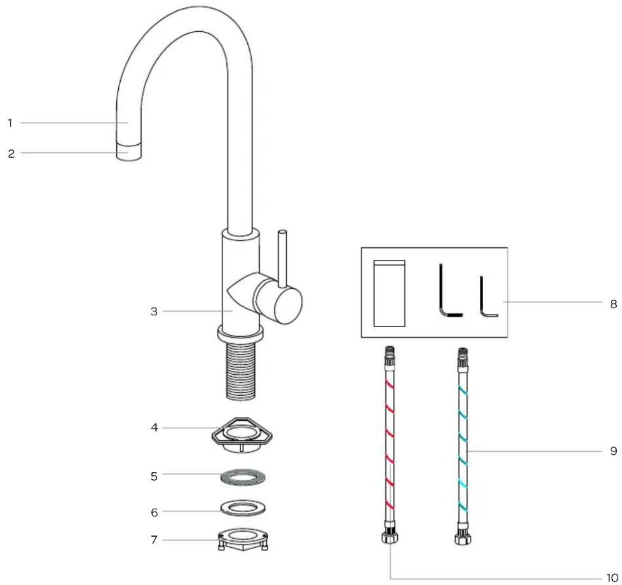Technical diagram of a kitchen sink assembly with numbered parts and exploded view