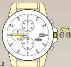 Diagram of a wristwatch with dual dials and a yellow directional arrow indicating movement or change.