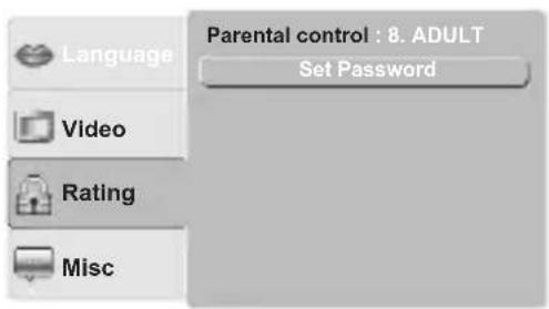 Language Video Rating Misc Parental control : 8. ADULT Set Password