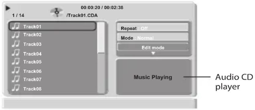 00:00:20 / 00:02:38 1 / 14 /Track01.CDA Track01 Track02 Track03 Track04 Track05 Track06 Track07 Track08 Repeat : Off Mode : Normal Edit mode Music Playing Audio CD player