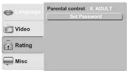 Language Video Rating Misc Parental control : 8. ADULT Set Password