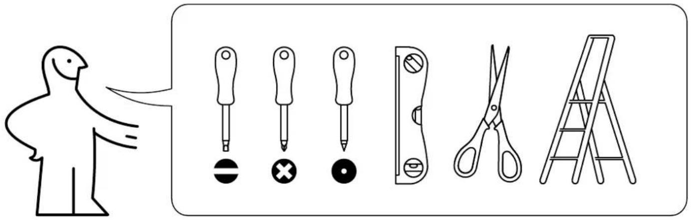 Illustration showing a person pointing to six different types of screwdriver tools: screwdriver, screwdriver with cross, screwdriver with circle, flat/curved tool, scissors, and ladder.