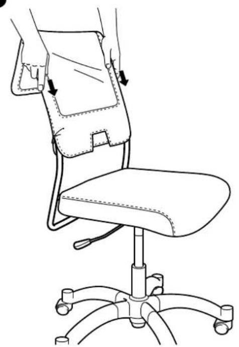 Line drawing of an office chair with hands holding a bag, showing seat and arm positioning (no text or symbols)