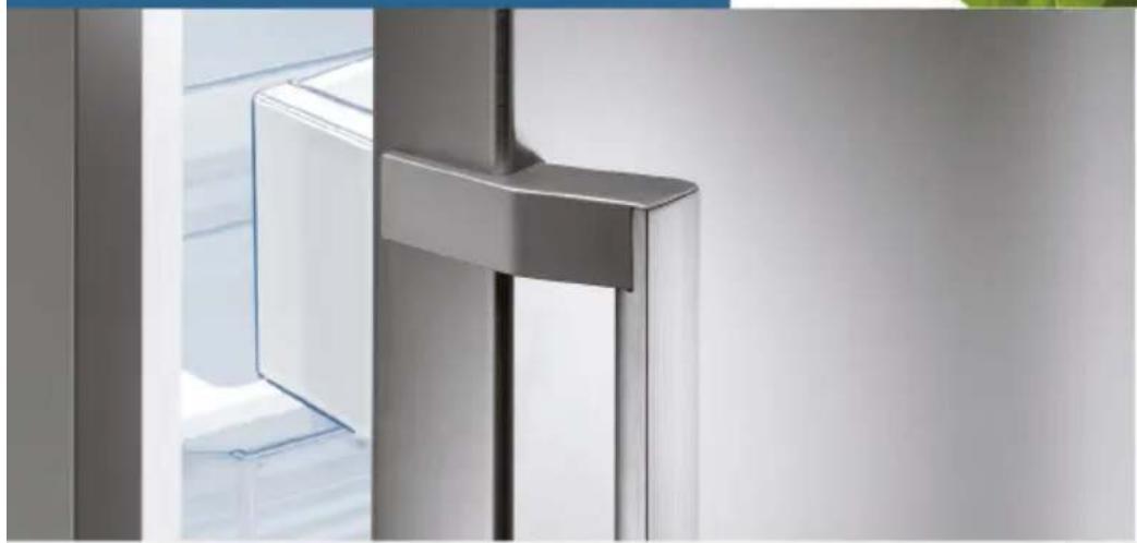 Close-up of a modern stainless steel refrigerator with open door and glass panel (no visible text or symbols)