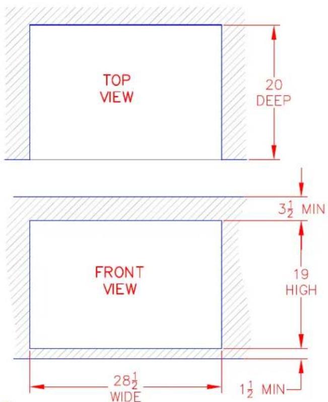 TOP VIEW 20 DEEP 3½ MIN FRONT VIEW 19 HIGH 28½ WIDE 1½ MIN