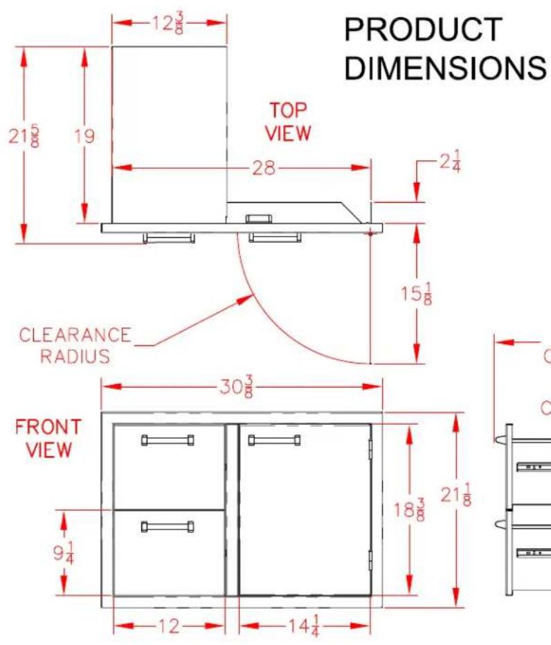 PRODUCT DIMENSIONS TOP VIEW 215 19 28 2¼ 15¼ CLEARANCE RADIUS 30¾ FRONT VIEW 9¼ 12 14¼