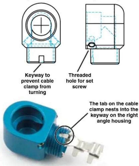 Keyway to prevent cable clamp from turning Threaded hole for set screw The tab on the cable clamp nests into the keyway on the right angle housing