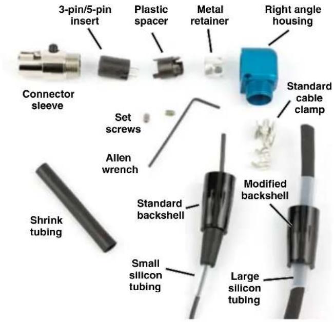 3-pin/5-pin insert Plastic spacer Metal retainer Right angle housing Connector sleeve Set screws Allen wrench Standard cable clamp Shrink tubing Standard backshell Modified backshell Small silicon tubing Large silicon tubing
