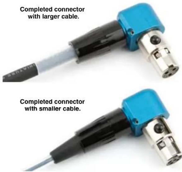 Completed connector with larger cable. Completed connector with smaller cable.