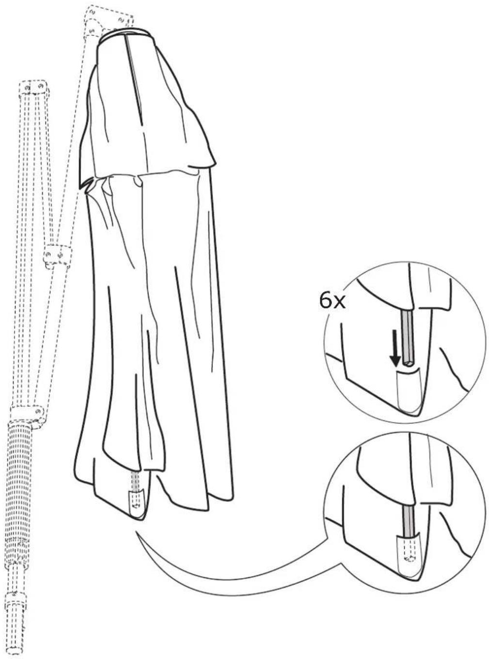 Technical diagram illustrating a garment rental procedure with labeled parts and magnified views showing 6x ratio adjustment.