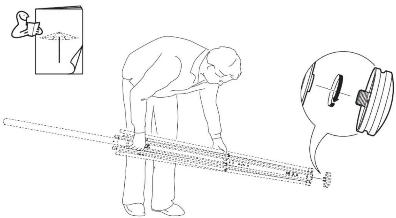 Diagram illustrating a person bending over a beam with an inset image showing a magnified view of the object's cross-section.