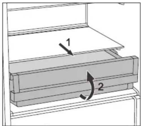 Diagram of a refrigerator interior showing labeled parts and directional arrows indicating movement or rotation.