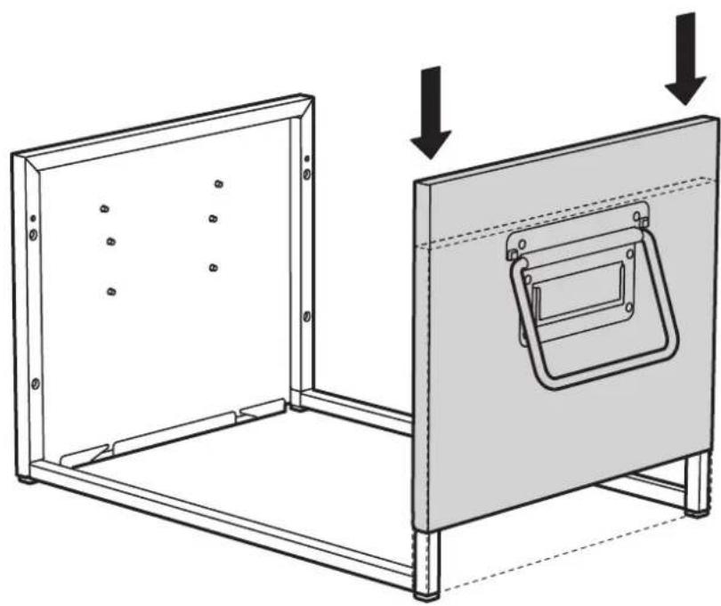 Technical line drawing of a metal enclosure with mounting brackets and internal components, showing structural details (no text or symbols)
