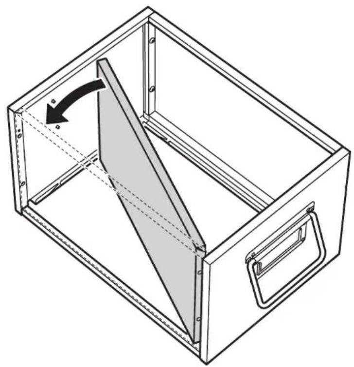 Line drawing of a rectangular metal cabinet with internal compartments and a directional arrow indicating rotation (no text or symbols)