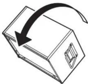 Simple line drawing of a 3D box with an arrow indicating rotation or movement (no text or symbols)
