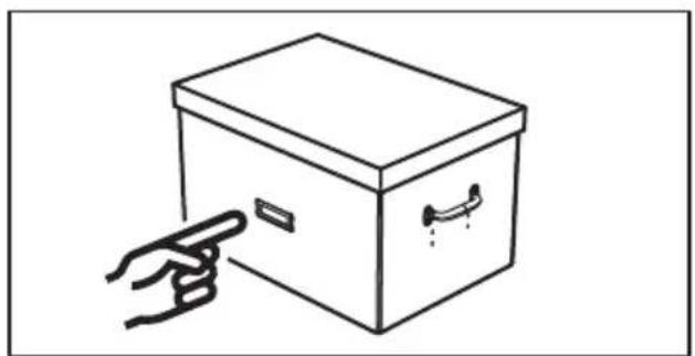 Line drawing of a hand pointing at a box with a handle, no text or symbols present