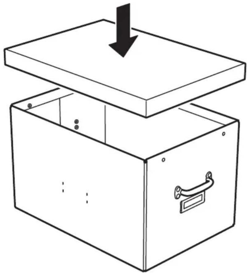 Line drawing of an open box with a lid and a downward arrow, no text or symbols present