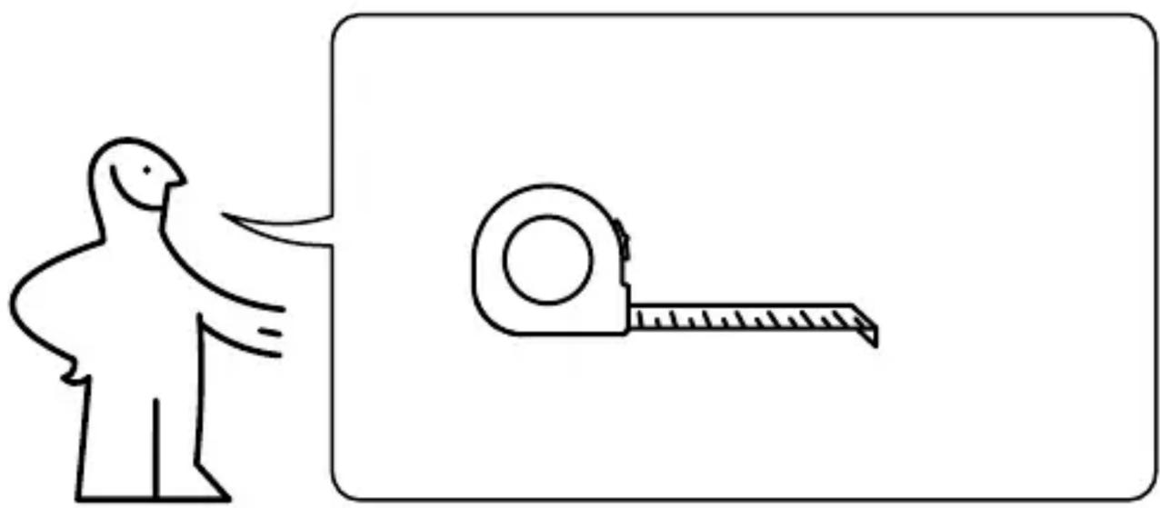 Simple line drawing of a bird standing next to a measuring tape measure (no text or symbols)