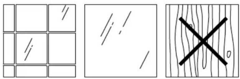 Three abstract diagrams: grid, line patterns, and a cross symbol on a textured surface (no text or labels)