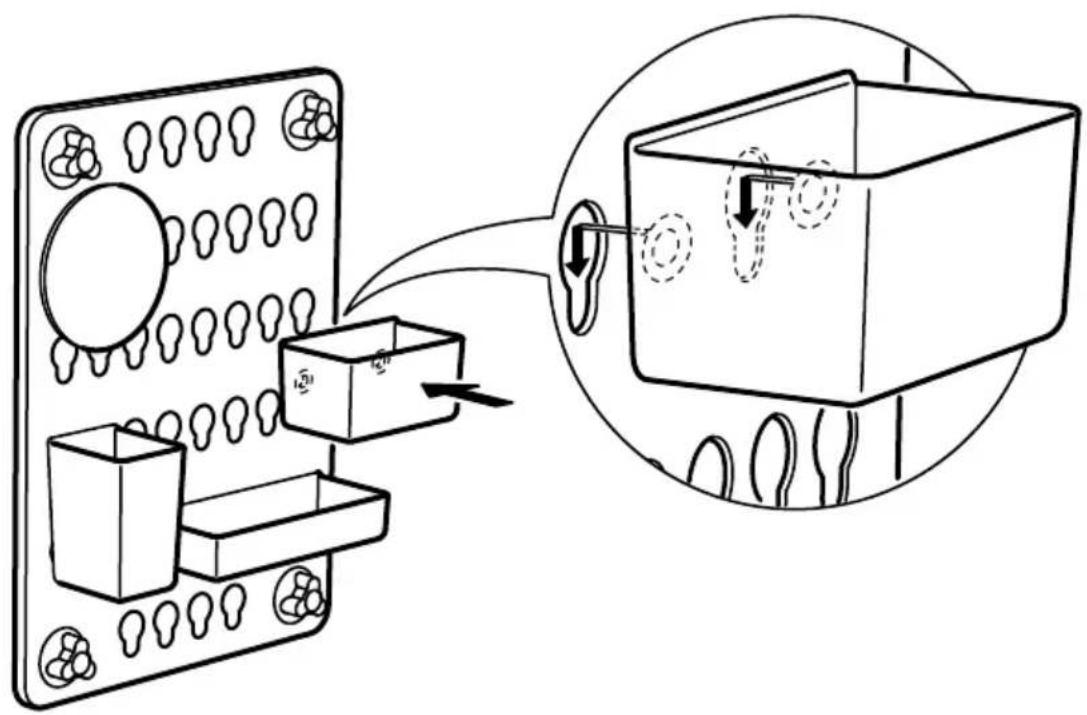 Diagram illustrating a mechanical assembly with labeled components and directional arrows, showing a box being inserted into a panel.