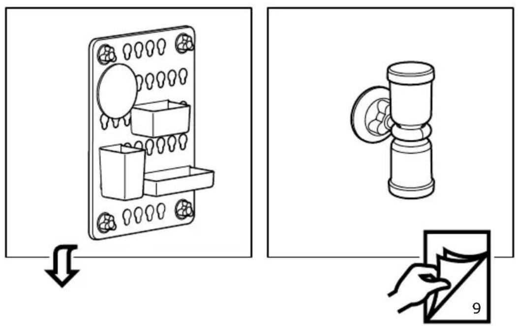Diagram illustrating a mechanical assembly process with labeled parts and a hand holding a page number 9.