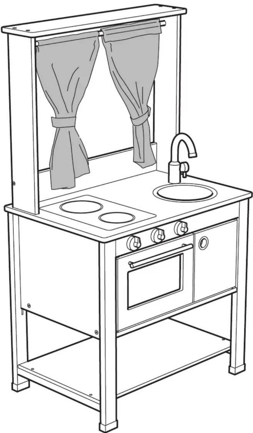 Line drawing of a simple kitchen sink with curtains, ovens, and a sink (no text or symbols)