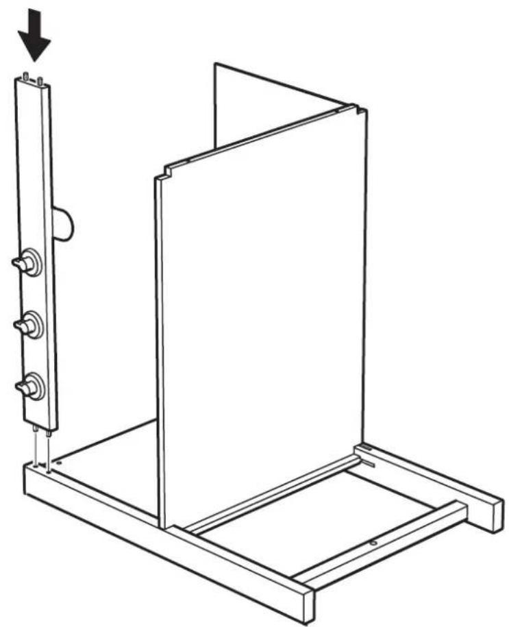 Technical line drawing of a mechanical assembly with a vertical bracket and mounting base (no text or symbols)